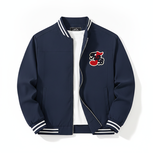 Chaqueta Varsity Azul Marino para Hombre con Logotipo Bordado en Rojo, Cierre de Cremallera, Cuello Camisero, Estilo Preppy, Ropa de Otoño - Product Image 1