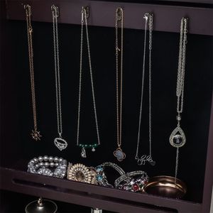 Armadietto Portagioie a Specchio Non Completamente Specchiato, da Parete in Legno, con 4 Ripiani, 6 Cassetti, 8 Luci LED Blu, Marrone Scuro YF - Product Image 5