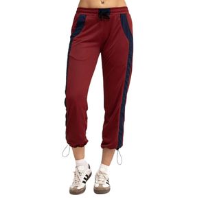 Pantalon de jogging bordeaux pour femme avec empiècements latéraux marine, taille élastique, cordon de serrage, chevilles resserrées, pantalon de sport doux pour l'athlétisme - Product Image 1