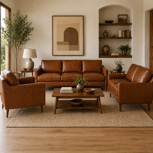 Mid Century Modern Cognac Leather Sofa Set Luxury Genuine Leather Living Room Furniture Soft Cushioned <b>Seating</b> Leather Sofa Set - Product Image 1