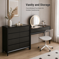 Coiffeuse moderne en verre éclairé avec miroir rond et chaise blanche pour chambre et salle de bain, personnalisable