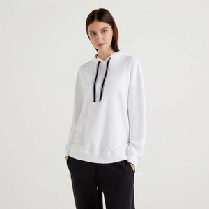 Wholesale Custom Solid <b>White</b> Hoodie Oversized Heavyweight Fleece Pullover <b>Sweatshirt</b> with Striped Drawstrings Casual Streetwear - Product Image 6
