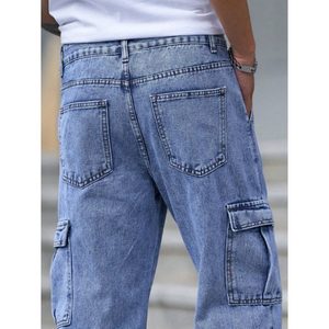 Jean cargo en denim multipoches pour homme, bleu glace, style vintage moderne tendance, style streetwear, respirant, taille 28 à 42 - Product Image 3