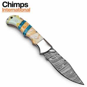 Cuchillo de bolsillo plegable de acero de Damasco Chimps International con hoja de punta caída y mango de resina |   Cuchillos plegables hechos a mano con cierre trasero - Product Image 4