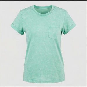 T-shirt décontracté pour femme, vert menthe, col rond, manches courtes, avec poche, 100 % coton jersey, style printemps-été - Product Image 1