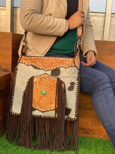 New Western Stylish Hand Tooled Cowhide Fur Leather <b>Fringe</b> Bag Fashionable High Quality Women Unique Stone Concealed Carry Purse - Product Image 3