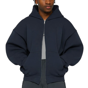 Sweat-shirt à capuche zippé surdimensionné pour homme, noir uni, en molleton de coton, décontracté, pour l'automne, avec poches avant, coupe classique - Product Image 2