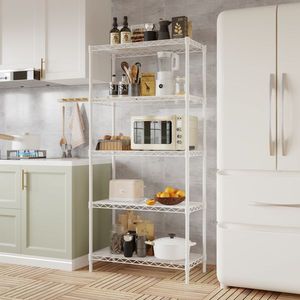 FCH Matte White Iron 74*34*150cm Five Layer <b>Display</b> Stand with Adjustable Feet and Spacing Convenient <b>Wall</b> & <b>Display</b> Shelves - Product Image 2