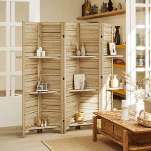 Handcrafted 5 Panel 67\" Tall Wood Privacy <b>Screen</b> Room Divider with 3 Shelves and <b>Folding</b> Storage Natural Wood for Bedroom - Product Image 2