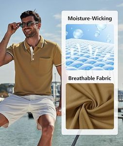 Chemise homme slim fit à manches courtes, couleur unie, poche poitrine, respirante, séchage rapide, col tricoté, boutonnée, décontractée, pour le golf, en polyester - Product Image 4