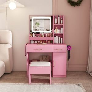 LED Mirror Lights Vanity Desk with Power Outlet Charging Station 3 Drawers and 7 Shelves Storage <b>Makeup</b> Dressing <b>Table</b> - Product Image 2