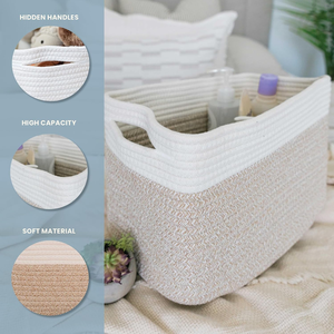 Panier de rangement en corde de coton bicolore, ouvert en dessus, pliable, écologique, imperméable, imprimé de dessins animés, style naturel - Product Image 2