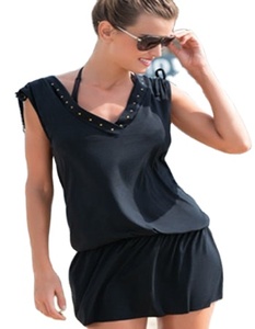 ชุดเดรสฤดูร้อนสีดําขนาดเล็กพร้อมกระดุมสีทองบนคอวีสั้นชุดเดรสผ้าฝ้ายสแปนเด็กซ์สีดําสําหรับเด็กผู้หญิง - Product Image 1