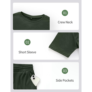 Ensemble T-shirt et short gaufré pour homme, vert uni, col rond, décontracté, respirant, en coton, deux pièces, vente en gros - Product Image 2