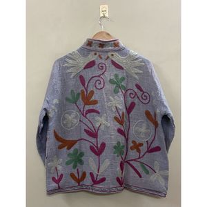 Floral Embroidered Cotton Winter <b>Jacket</b> <b>Women</b> Mandarin Collar Full Sleeve Open Front Handmade Design - Product Image 5