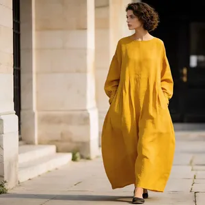 Robe maxi en coton jaune moutarde à manches longues, coupe ample, style bohème décontracté pour femmes avec poches - Product Image 2