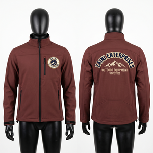 Mens Softshell Jacket 340 GSM Polyester Spandex <b>Fleece</b> Bonded <b>Brown</b> Panel Design Embroidered Chenille Patch Custom Logo - Product Image 1