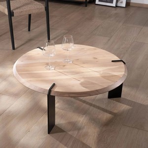 Vandana Golden Living <b>round</b> designer <b>coffee</b> <b>table</b> in acacia wood with 3 <b>black</b> metal legs - Product Image 5