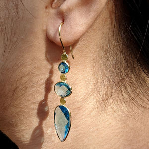 Pendientes largos de cuarzo azul cielo, ligeros, al por mayor, de latón chapado en oro de 18k, con tres gemas engastadas en bisel, tipo gota. - Product Image 5