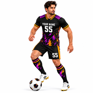 Maillot de football noir avec motifs d'éclairs violets et jaunes et numéro personnalisé – Tenue de football - Product Image 4