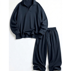 <b>Women's</b> <b>Navy</b> Blue Half-Zip Long Sleeve Pullover with Drawstring Pants Casual Tracksuit Set Solid Color Loose Fit Autumn Wear - Product Image 4
