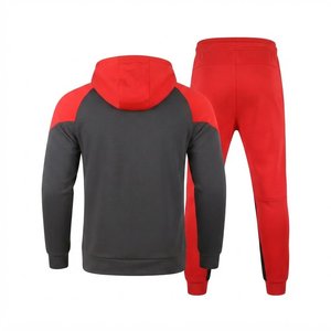 Most Demanding Custom Logo Men's <b>Red</b> Black Color Blocking Hooded Tracksuit Set Knitted Cotton Casual Autumn Wear Activewear Sets - Product Image 2