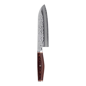 Cuchillos de Cocina Santoku con Mangos de Madera Marrón y Hojas Plateadas Martilladas con Filo Liso para Rebanar, Picar y Preparar Alimentos - Product Image 4