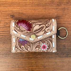 2024 New Design <b>Vintage</b> Hand Tooled Leather Coin Purse with Keyring Full Grain Genuine Cow Leather Floral Coin Wallets for Women - Product Image 2