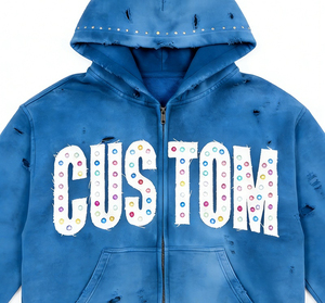 Sweat à capuche zippé personnalisé brodé pour homme, 100 % coton, coupe oversize, effet vieilli, strass, épais, hiver, sans cordon de serrage, streetwear - Product Image 3