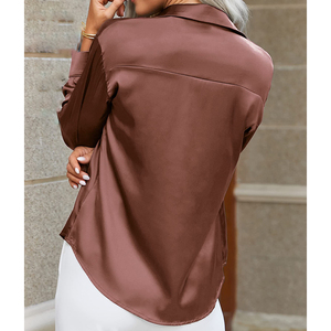 Camisa de satén para mujer con botones, manga larga, tacto seda, blusa de oficina, ajuste holgado informal, top de negocios con cuello - Product Image 2