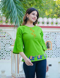 Blusa de Algodón Verde para Mujer, con Parches, Corte Regular, Mangas con Volantes y Cuello Redondo, Diseñada para Uso Diario Informal - Product Image 2