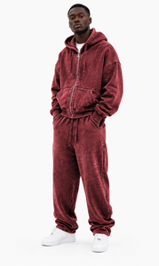Ensemble de survêtement en jean délavé bleu pour homme, sweat à capuche zippé, pantalon de survêtement à jambes larges, streetwear décontracté oversize, manches longues, couleur unie - Product Image 3