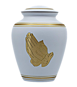 Urne funéraire en laiton poli gravé main blanchie à la cire, style américain/européen, pour cendres d'adultes, en forme de main en prière - Product Image 1