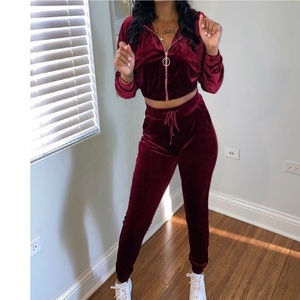 Sudadera con capucha de manga larga para mujer, top corto con cremallera, pantalones de terciopelo, conjunto de dos piezas - Product Image 6