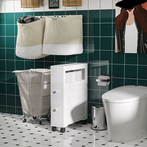 Organizador de armario de almacenamiento de baño Delgado blanco estrecho con 2 cajones y 4 ruedas estante montado en el suelo - Product Image 2