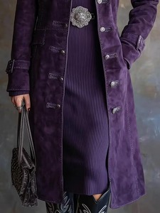 Women's Purple Goat Suede <b>Leather</b> Waterproof Zipper Solid <b>Trench</b> <b>Coat</b> Victorian Boho Duster Jacket Spring Autumn Winter - Product Image 2