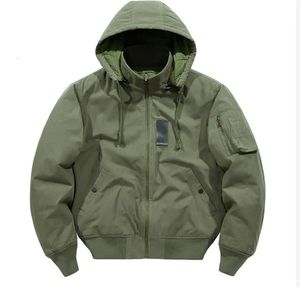 Chaqueta Bomber Verde Oliva con Capucha, Casual, Resistente al Viento, con Cierre y Bolsillos, Cuello Alto, Corte Regular, Color Sólido, Chaqueta de Lona para Hombre - Product Image 1