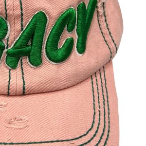 Pink and Green Distressed Baseball <b>Cap</b> with Green Embroidered Letter Design Adjustable Vintage Casual Outdoor Fashion Unisex <b>Hat</b> - Product Image 5
