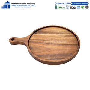 Round Wooden <b>Serving</b> <b>Tray</b> With Handle Polished Natural <b>Wood</b> Pattern Food Safe Residential Use Made in Vietnam - Product Image 6