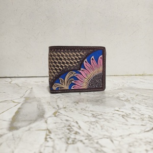 Men's Designer Genuine Cowhide Fur Leather Long <b>Zipper</b> Hand Tooled Brown Short Cash Holder Fashionable Anti-Theft Floral Wallets - Product Image 1