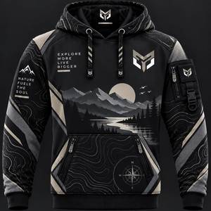 Men's Black <b>Red</b> Mountain Print <b>Hoodie</b> Regular Fit Casual Sportswear with Pocket and Logo Design Autumn Wear - Product Image 2