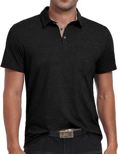 Polo à manches courtes pour homme, noir, uni, décontracté, avec poche, respirant, en coton, tissu Oxford, style tissé - Product Image 4