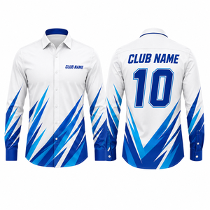 เสื้อเชิ้ตแขนยาวทรงสปอร์ตสำหรับผู้ชาย ปกคอพับ ลายพิมพ์ซับลิเมชั่นลายเรขาคณิต สีน้ำเงินขาว ระบายอากาศได้ดี สไตล์ฤดูร้อน - Product Image 1