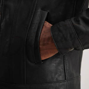 Chaqueta de Cuero Genuino Negra para Hombre, Estilo Trucker, Cuello de Borreguillo Blanco, Corte Ajustado, Casual, para Invierno - Product Image 2