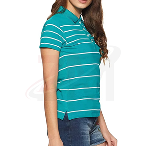Polo rayé pour femme à manches courtes, bleu sarcelle et blanc, décontracté, 100 % coton, tissu Oxford respirant, tissé - Product Image 5
