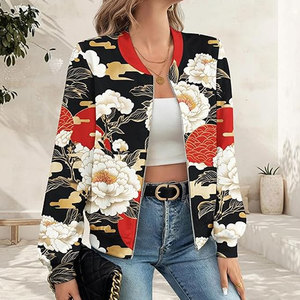 New <b>Womens</b> Woven Bomber <b>Jacket</b> Stylish Long Sleeve Lightweight Modern Casual Fashion Floral Print Customizable - Product Image 4