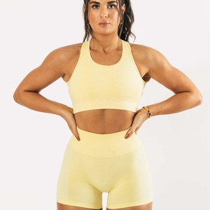 Women's Seamless Yoga Set Crisscross <b>Back</b> Sports <b>Bra</b> High Waist Shorts Solid Color Four-Way Stretch Activewear - Product Image 3