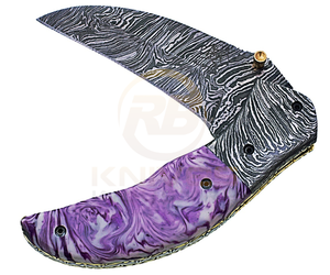 Cuchillo Plegable de Acero de Damasco de Venta Caliente con Mango de Resina Morada – Cuchillo de Bolsillo Táctico Personalizado para Caza - Product Image 5