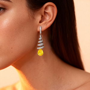 Pear Cut Lab Grown Yellow Sapphire Gemstone Dangle Drop Hook <b>Earrings</b> in 18k Solid Gold Adorned With Natural Certified Diamonds - Product Image 2