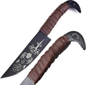 Cuchillo de camping estilo vikingo Raven Norse de la industria SHORT SIGN, hoja de acero de Damasco, punta caída, mango de cuero, funda, HRC60-65, 3 años de garantía. - Product Image 4